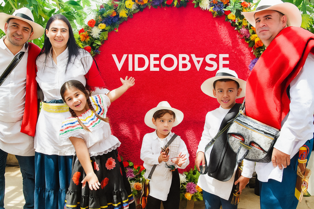 Silleta roja con logo de Videobase en desfile de la Feria de las Flores Medellín