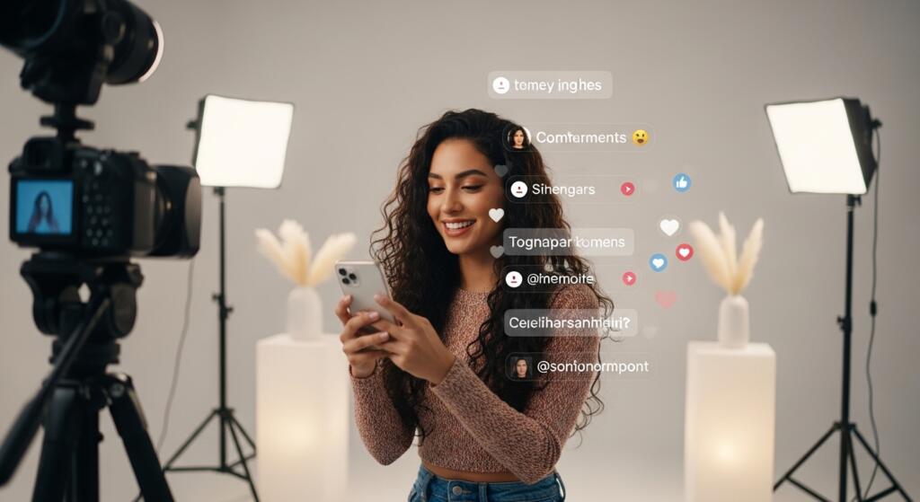 Influencer creando contenido en estudio profesional, sonriendo mientras revisa su celular con reacciones y comentarios virtuales flotantes, luces de grabación al fondo. Concepto de engagement y marketing digital.