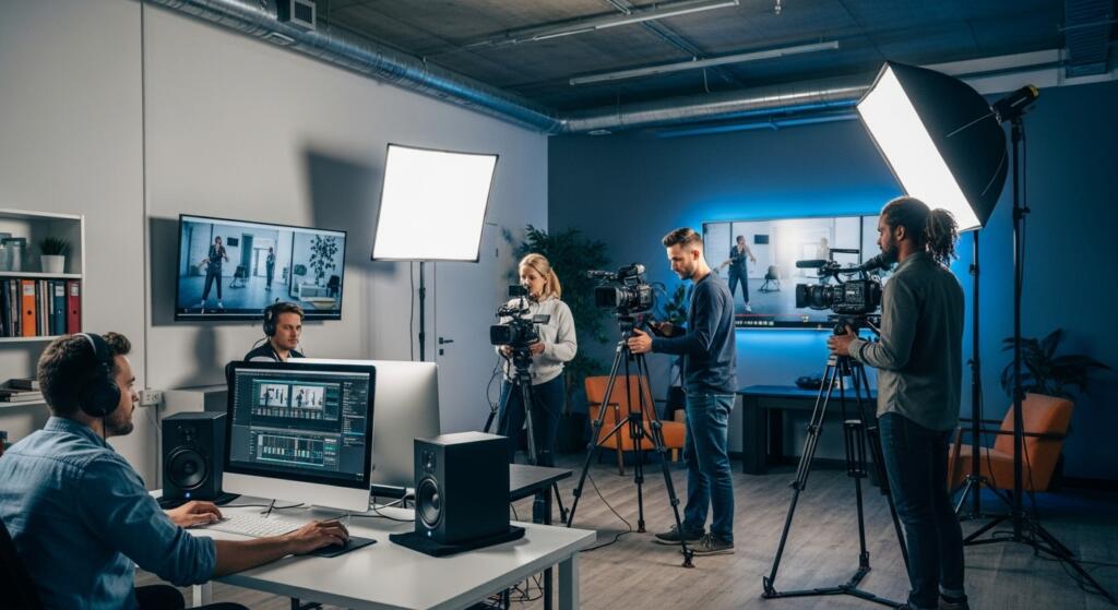 Equipo de producción audiovisual grabando en estudio con cámaras profesionales y luces, mientras un editor trabaja en postproducción desde su computador.