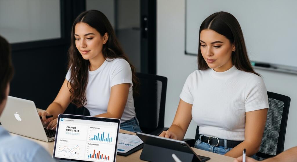 Dos mujeres jóvenes analizando métricas y gráficos de rendimiento en laptops y tablets, trabajando en estrategia de marketing digital y tarifas de creadores UGC e influencers. Oficina moderna, estilo profesional.