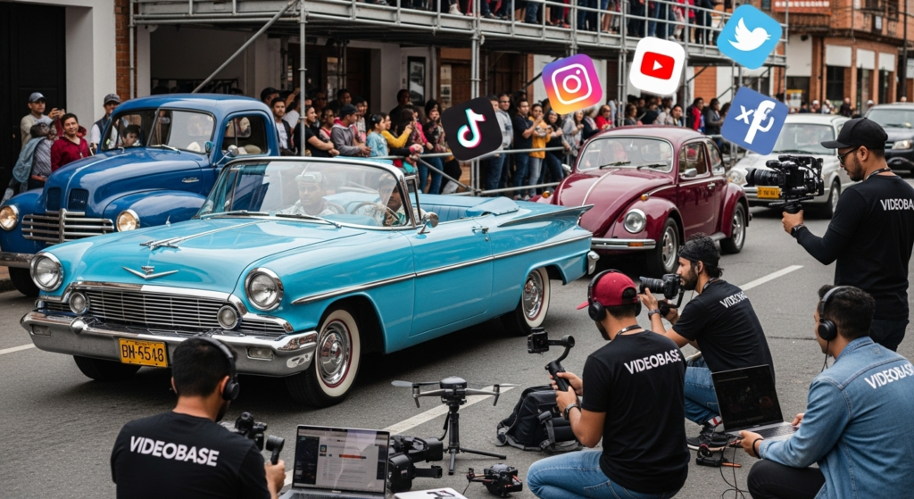 Equipo de creación de contenidos videobase en feria de flores, desfile de autos antiguos