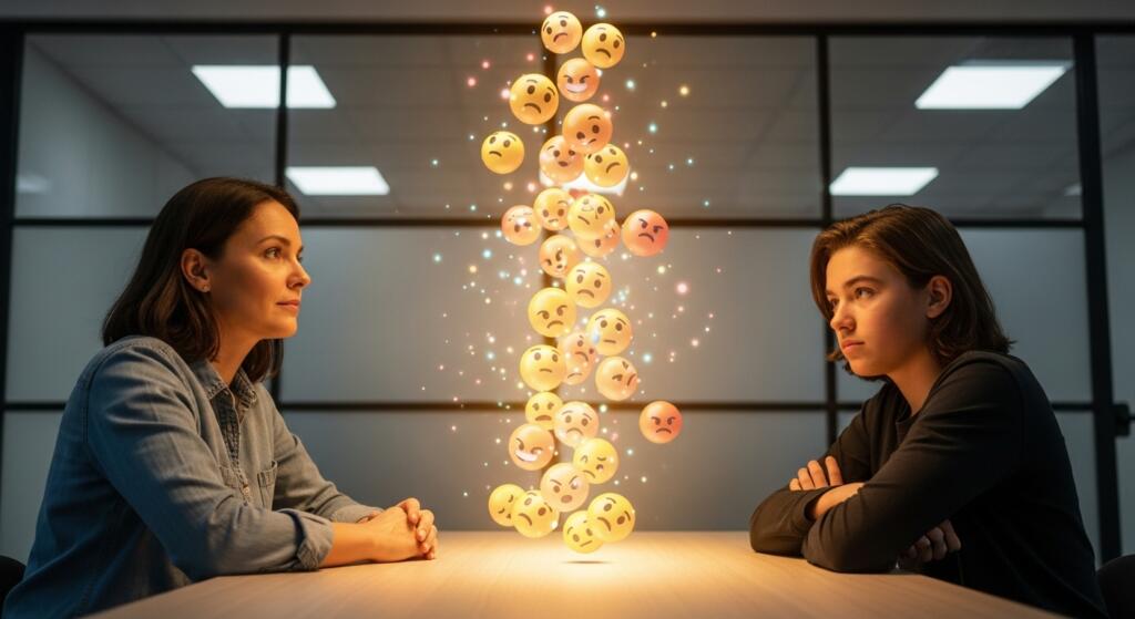 "Una mujer adulta y una adolescente dialogan frente a frente, con una columna de emojis flotando entre ellas, representando el uso y significado de los emojis entre adolescentes en 2025."